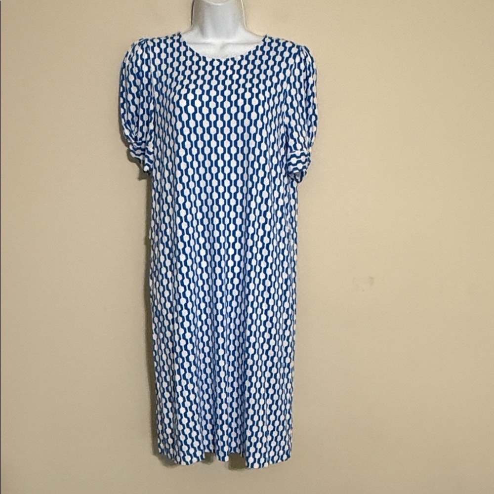 Boden Blue and White Geometric Mini Dress women 12R casual office soft pull on